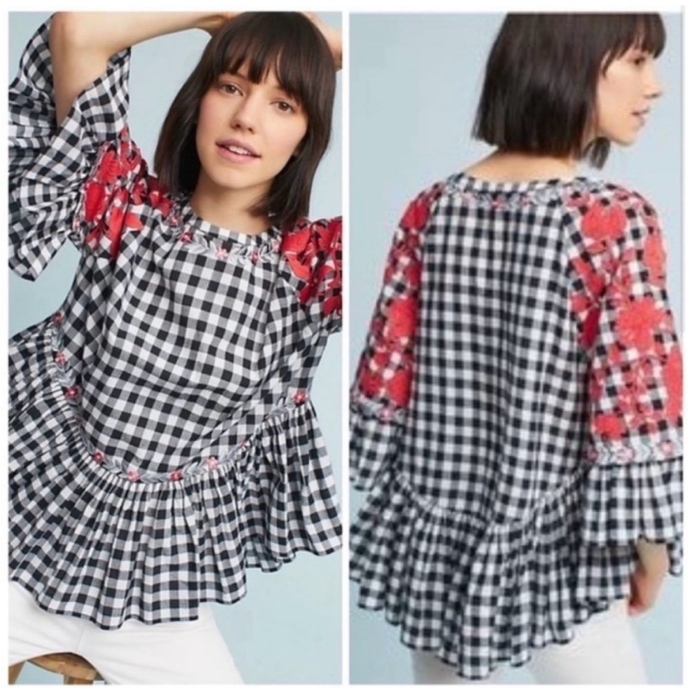 Anthropologie Black and White Gingham Blouse with Red Floral Accents